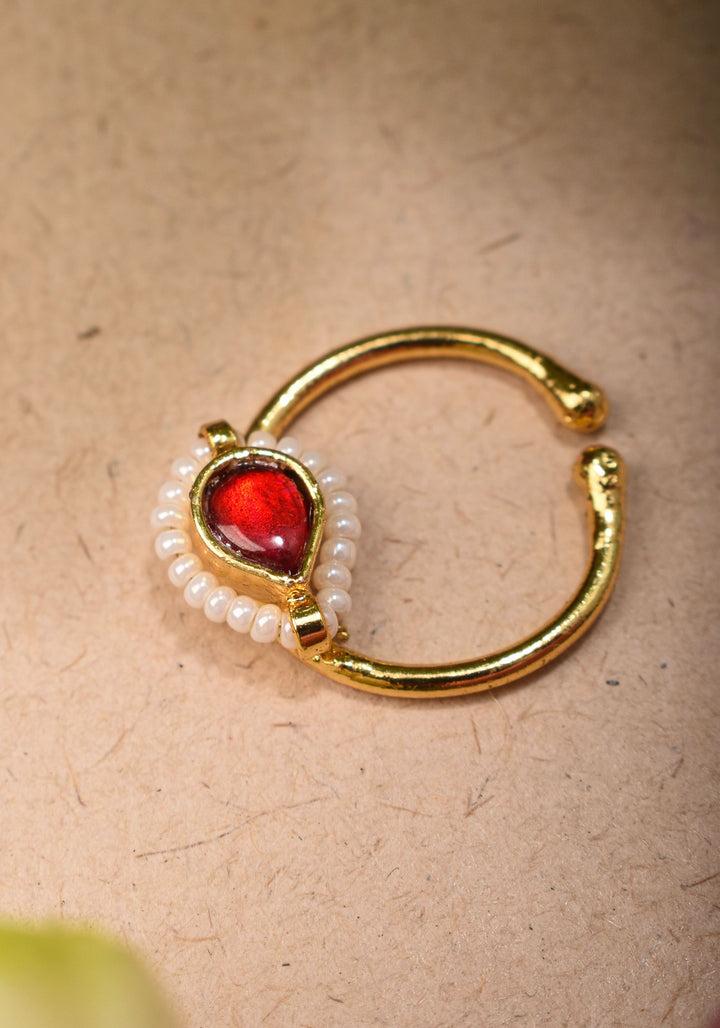 Red Kundan Clip on nose pin surrounded with Pearls Beads