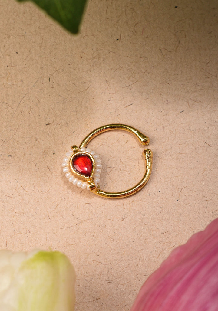Red Kundan Clip on nose pin surrounded with Pearls Beads