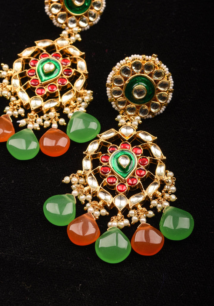 Kemp Stone Long earrings with dangling pearls and Beads in green, orange | Shobitam Jewelry