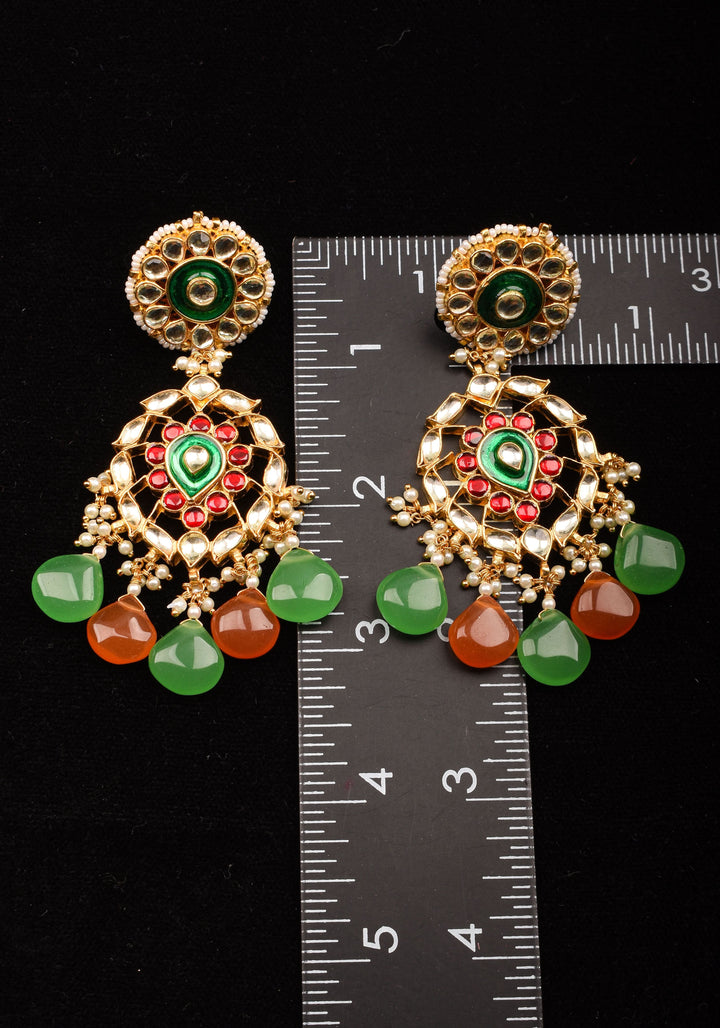 Kemp Stone Long earrings with dangling pearls and Beads in green, orange | Shobitam Jewelry
