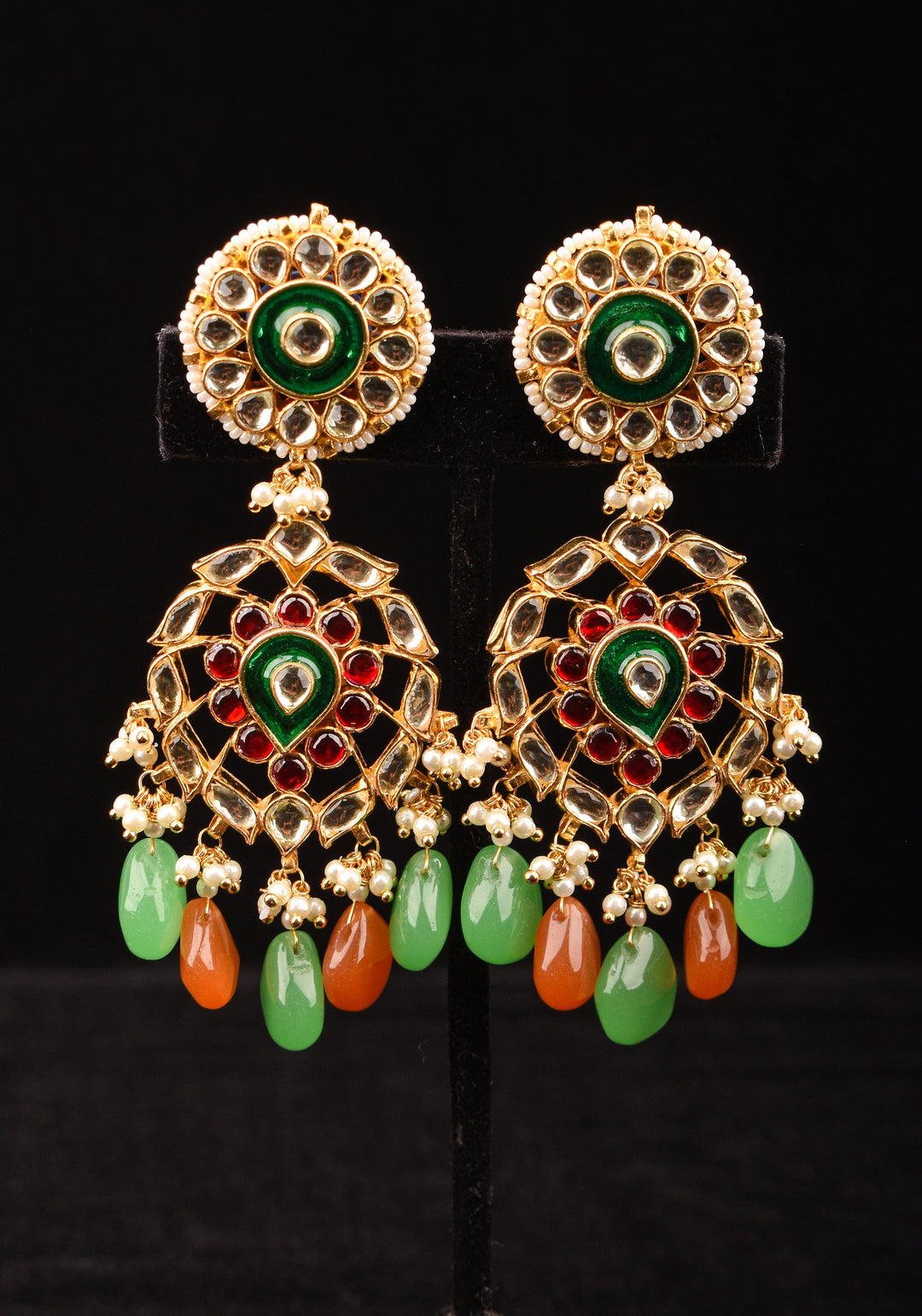 Kemp Stone Long earrings with dangling pearls and Beads in green, orange | Shobitam Jewelry