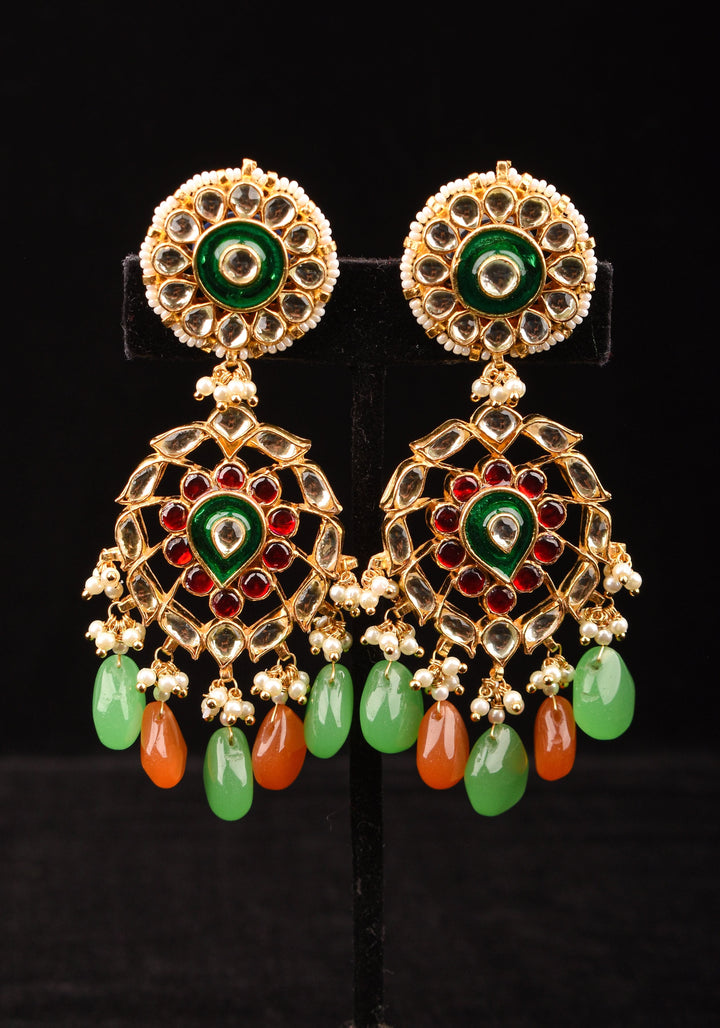 Kemp Stone Long earrings with dangling pearls and Beads in green, orange | Shobitam Jewelry