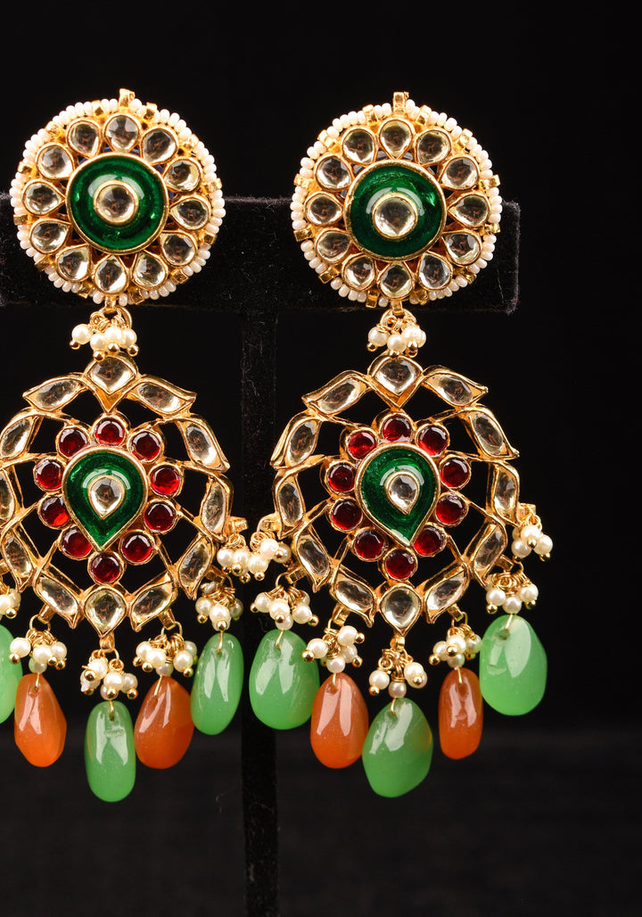 Kemp Stone Long earrings with dangling pearls and Beads in green, orange | Shobitam Jewelry