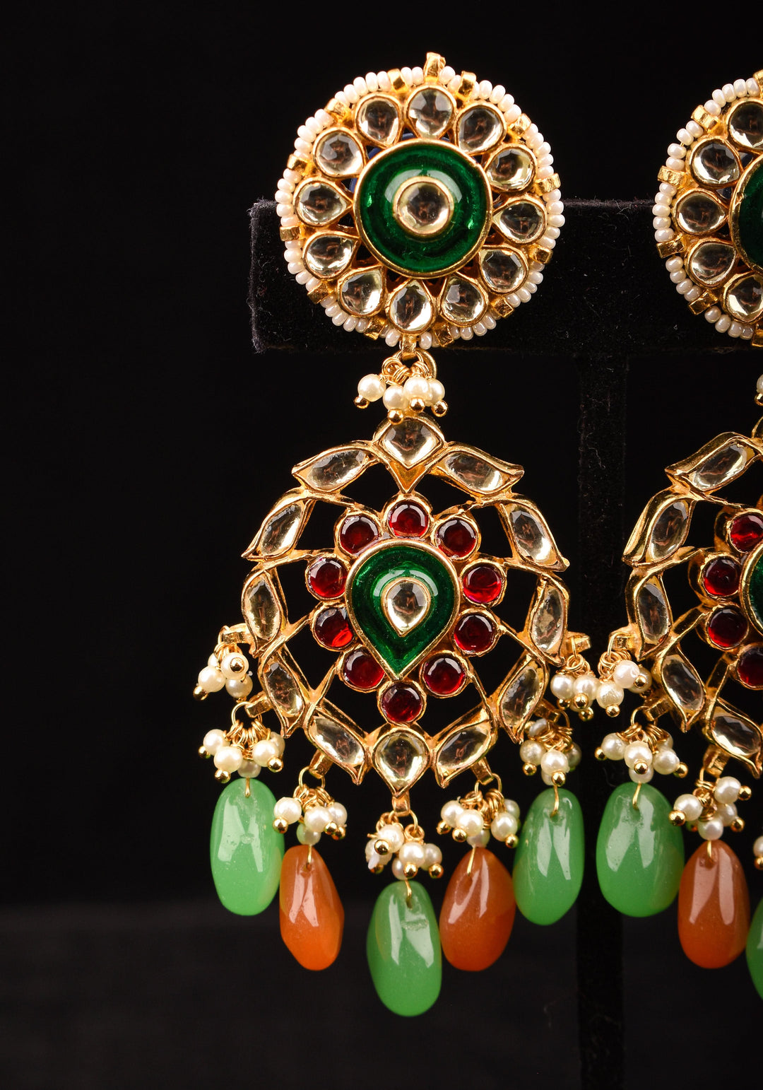 Kemp Stone Long earrings with dangling pearls and Beads in green, orange | Shobitam Jewelry