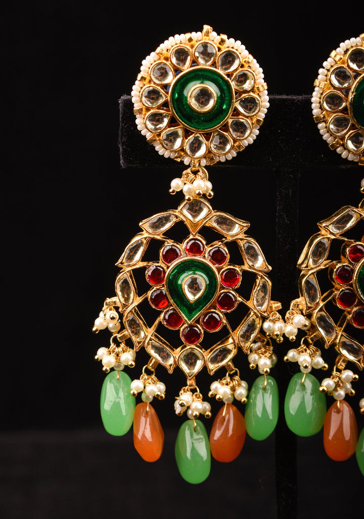 Kemp Stone Long earrings with dangling pearls and Beads in green, orange | Shobitam Jewelry
