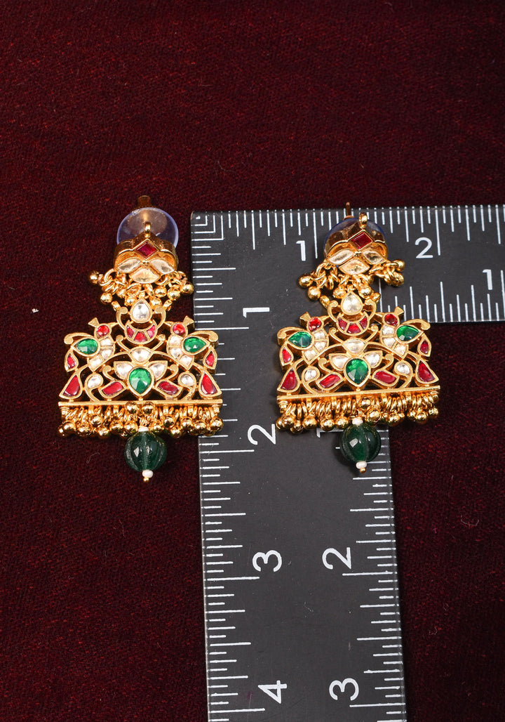 Ahmedabadi Kundan Birds design jadau Earrings with single green dangling beads | Shobitam Jewelry