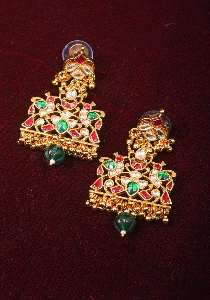 Ahmedabadi Kundan Birds design jadau Earrings with single green dangling beads | Shobitam Jewelry