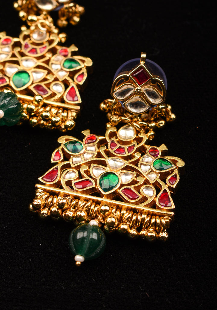 Ahmedabadi Kundan Birds design jadau Earrings with single green dangling beads | Shobitam Jewelry