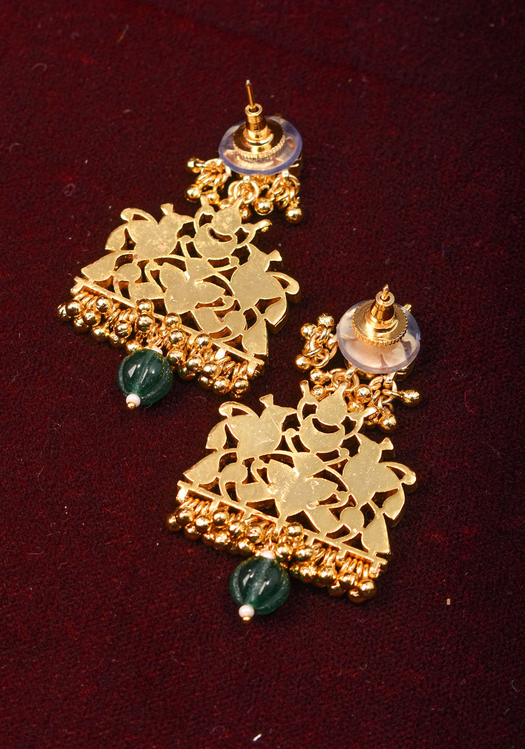 Ahmedabadi Kundan Birds design jadau Earrings with single green dangling beads | Shobitam Jewelry