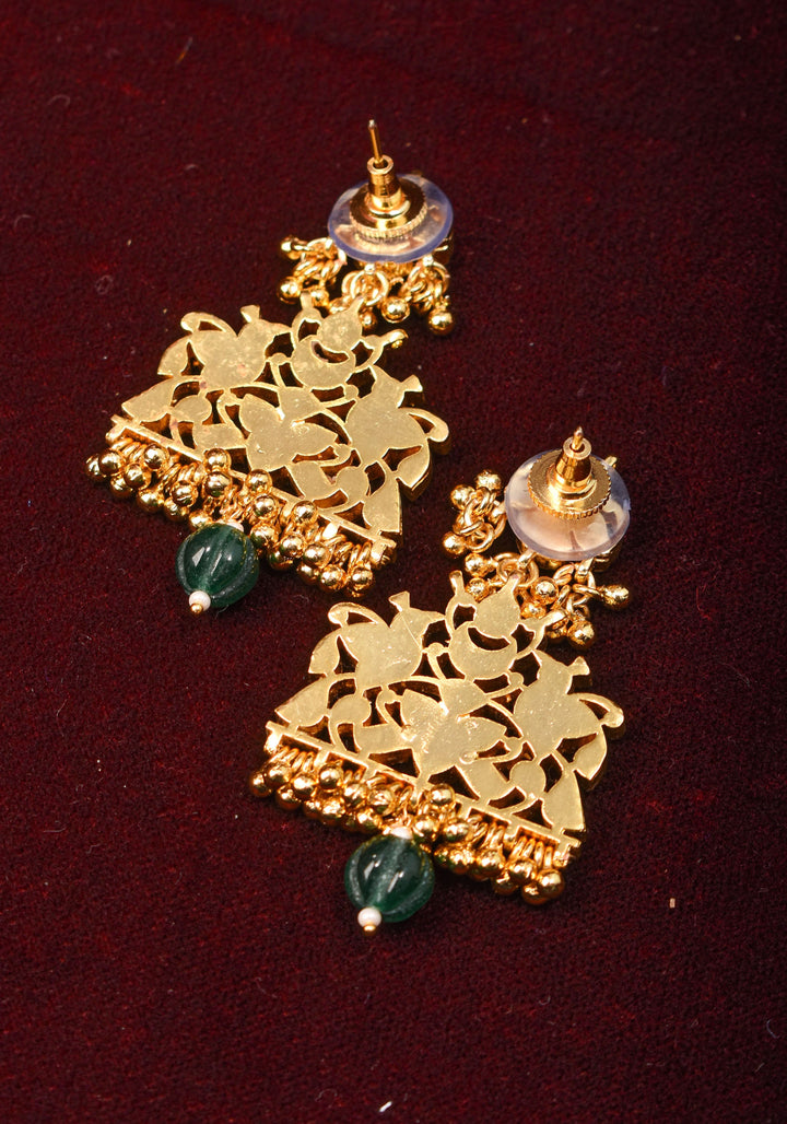 Ahmedabadi Kundan Birds design jadau Earrings with single green dangling beads | Shobitam Jewelry