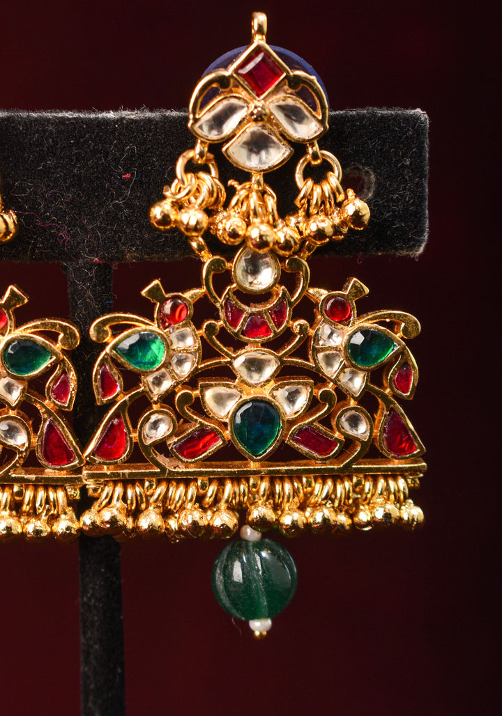 Ahmedabadi Kundan Birds design jadau Earrings with single green dangling beads | Shobitam Jewelry