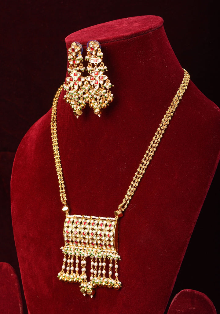 Kundan Meena Rectangular Pendant Neclace and earrings set | Shobitam Jewelry