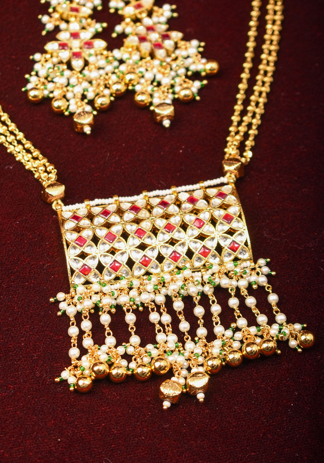 Kundan Meena Rectangular Pendant Neclace and earrings set | Shobitam Jewelry