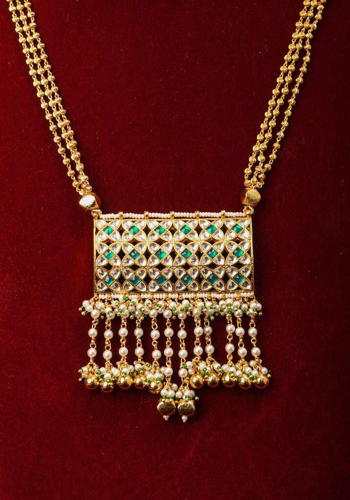 Rajwadi Rectangular Jadau Pendant with 3 strand necklace and dangling earrings, Microplated