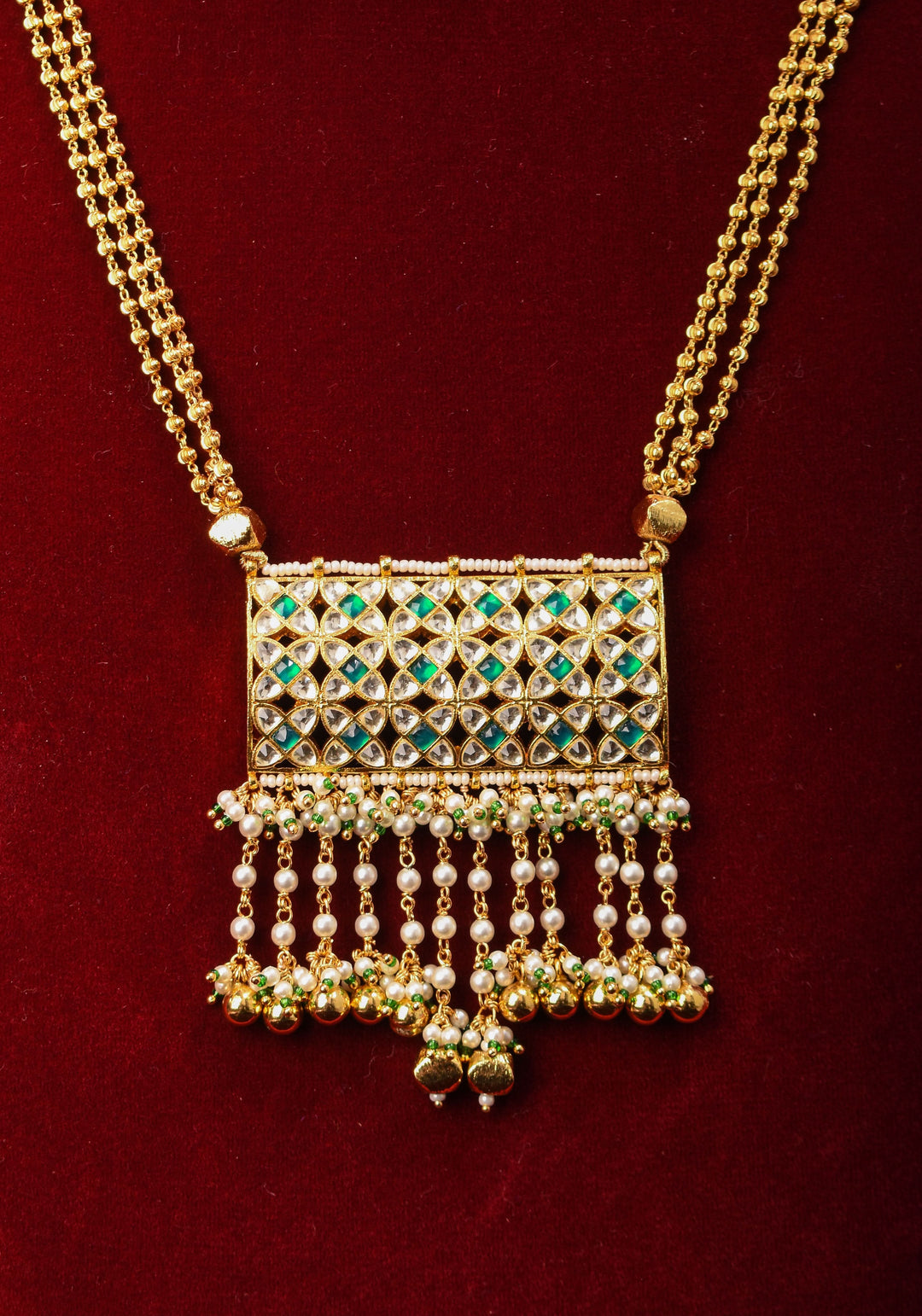 Rajwadi Rectangular Jadau Pendant with 3 strand necklace and dangling earrings, Microplated | SHOBITAM