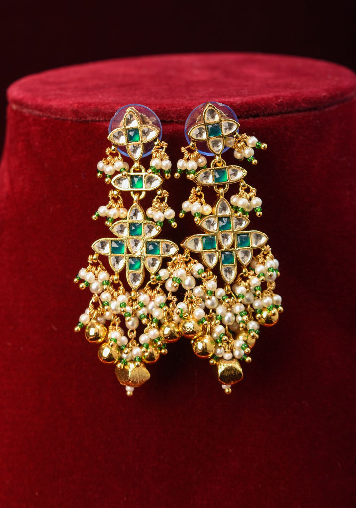 Rajwadi Rectangular Jadau Pendant with 3 strand necklace and dangling earrings, Microplated | SHOBITAM