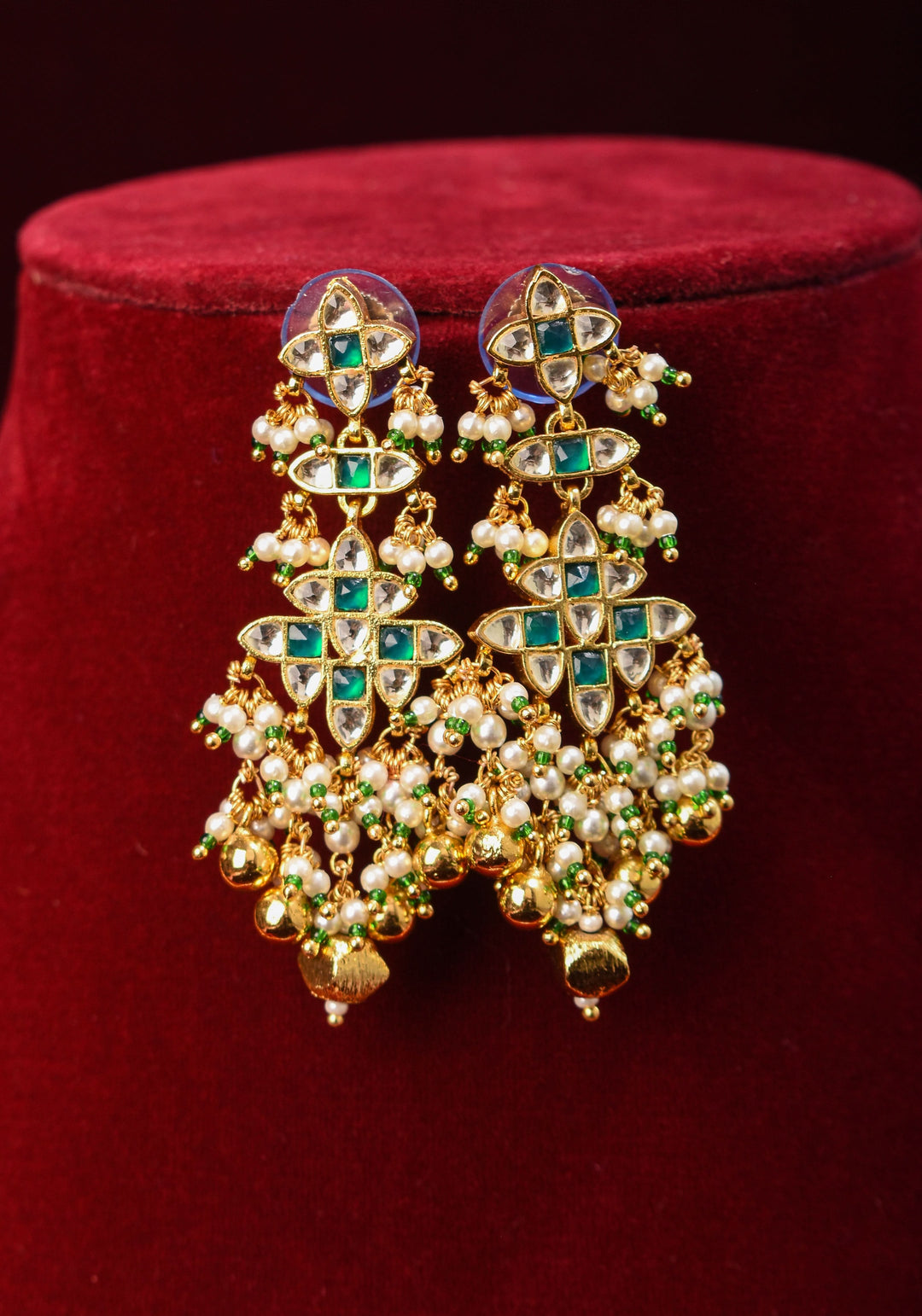 Rajwadi Rectangular Jadau Pendant with 3 strand necklace and dangling earrings, Microplated