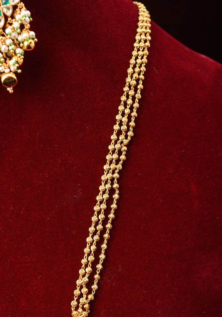 Rajwadi Rectangular Jadau Pendant with 3 strand necklace and dangling earrings, Microplated