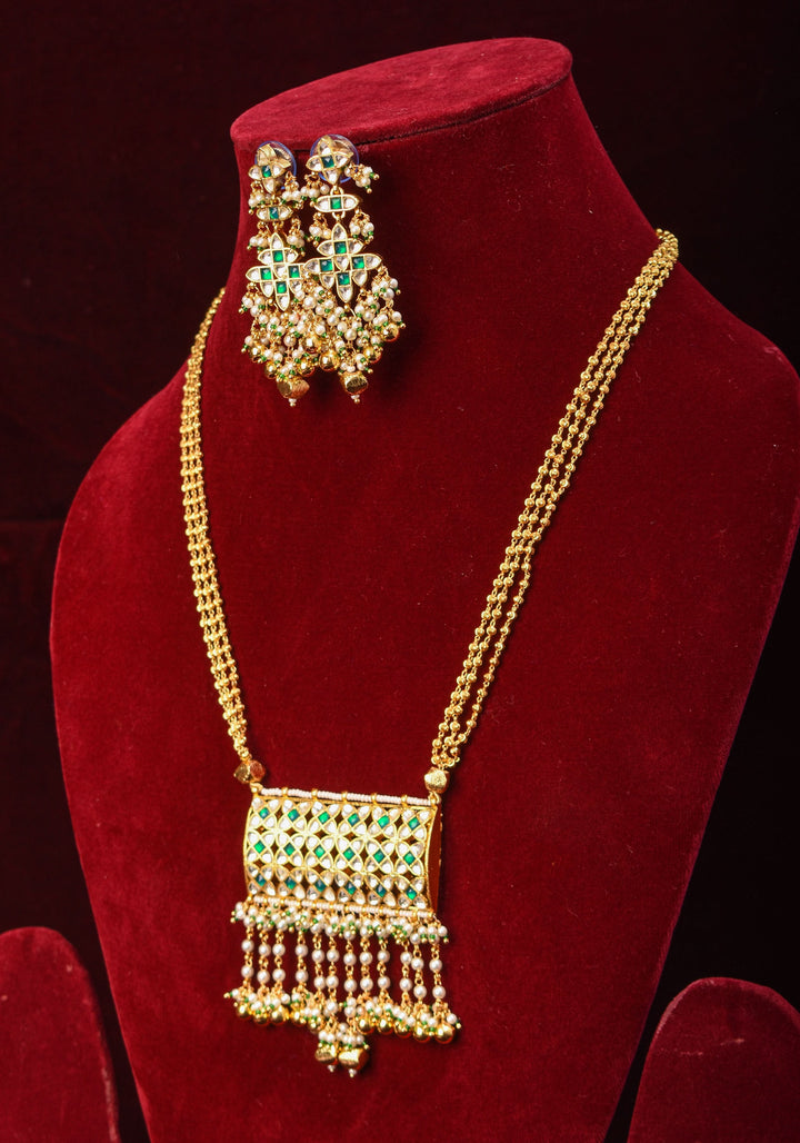 Rajwadi Rectangular Jadau Pendant with 3 strand necklace and dangling earrings, Microplated
