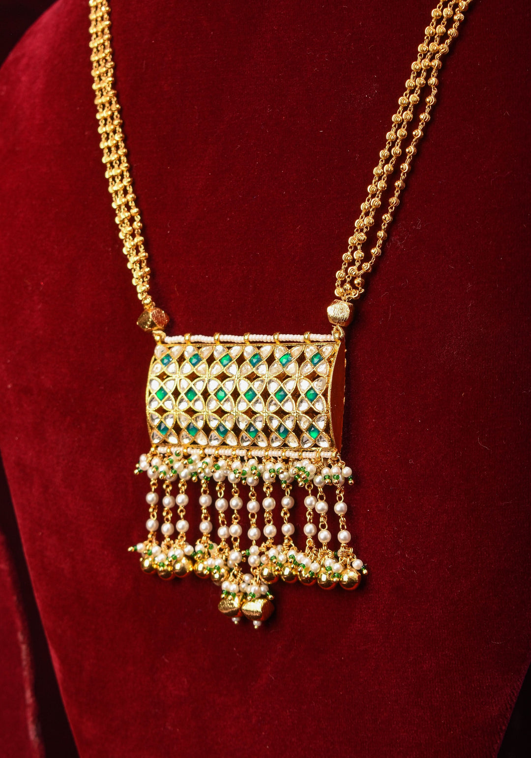 Rajwadi Rectangular Jadau Pendant with 3 strand necklace and dangling earrings, Microplated