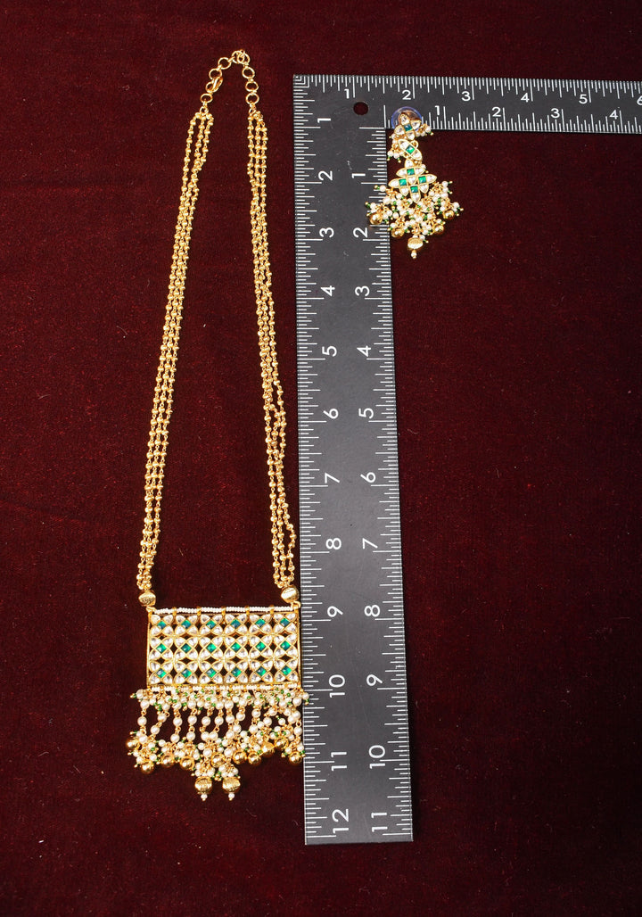 Rajwadi Rectangular Jadau Pendant with 3 strand necklace and dangling earrings, Microplated