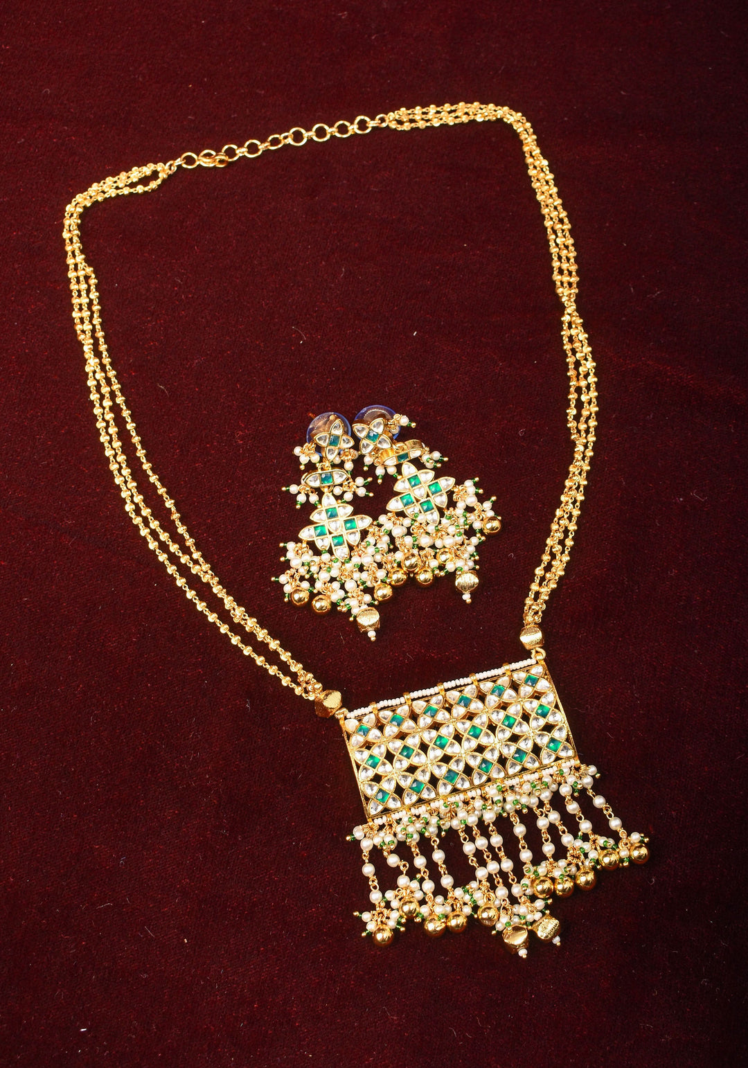 Rajwadi Rectangular Jadau Pendant with 3 strand necklace and dangling earrings, Microplated | SHOBITAM