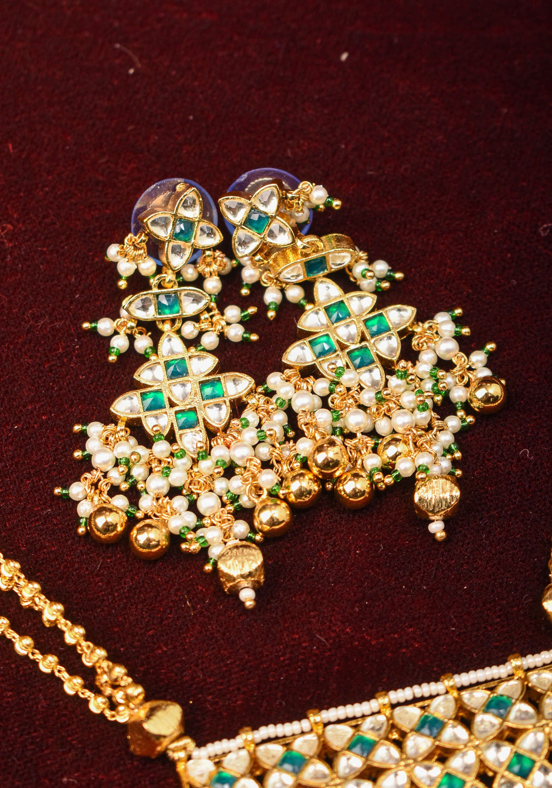 Rajwadi Rectangular Jadau Pendant with 3 strand necklace and dangling earrings, Microplated