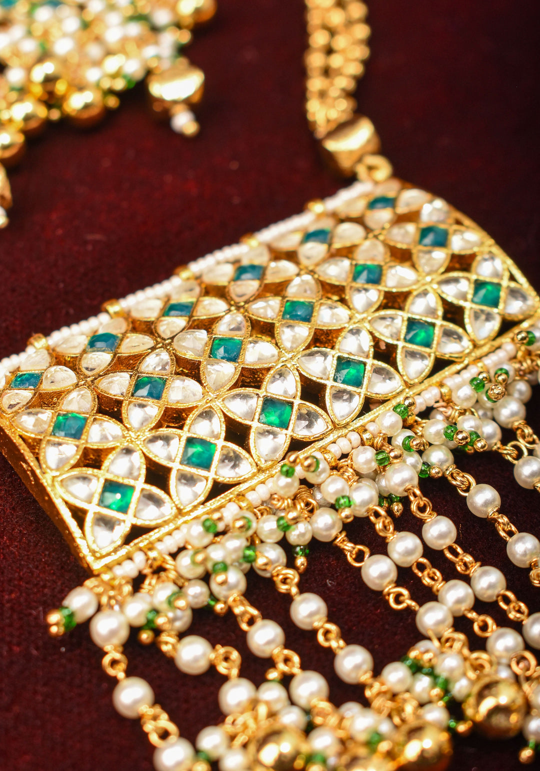 Rajwadi Rectangular Jadau Pendant with 3 strand necklace and dangling earrings, Microplated | SHOBITAM