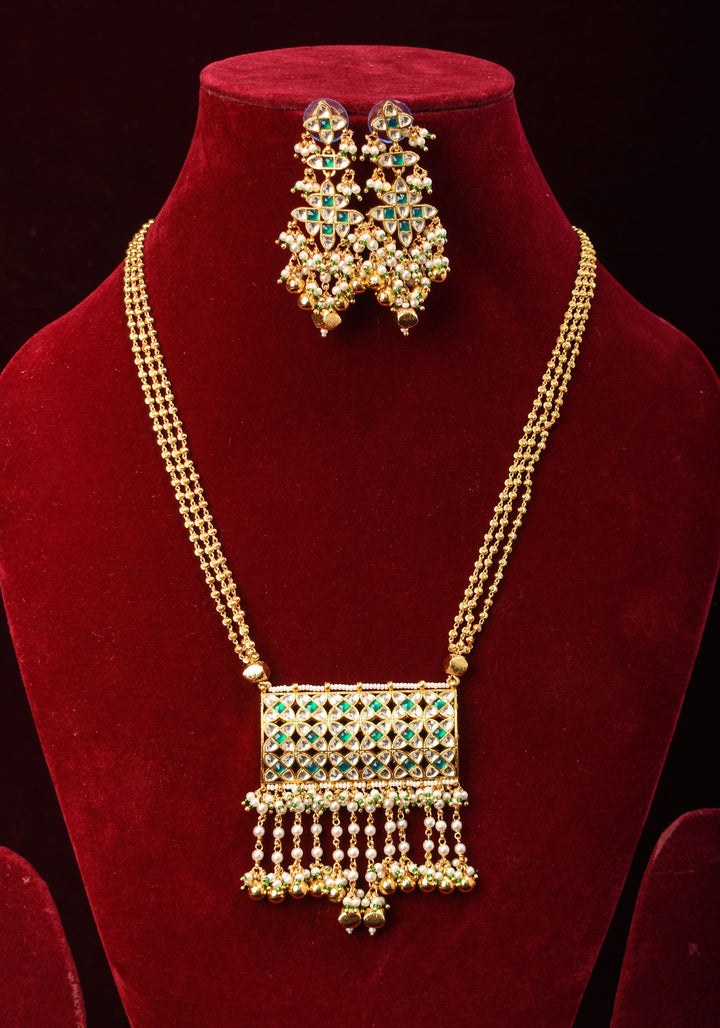 Rajwadi Rectangular Jadau Pendant with 3 strand necklace and dangling earrings, Microplated | SHOBITAM