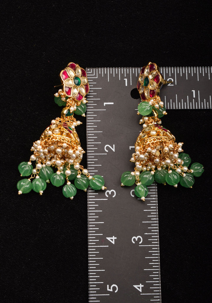 3" Tiered Jhumka earrings in antique gold embellished with Jadau stones