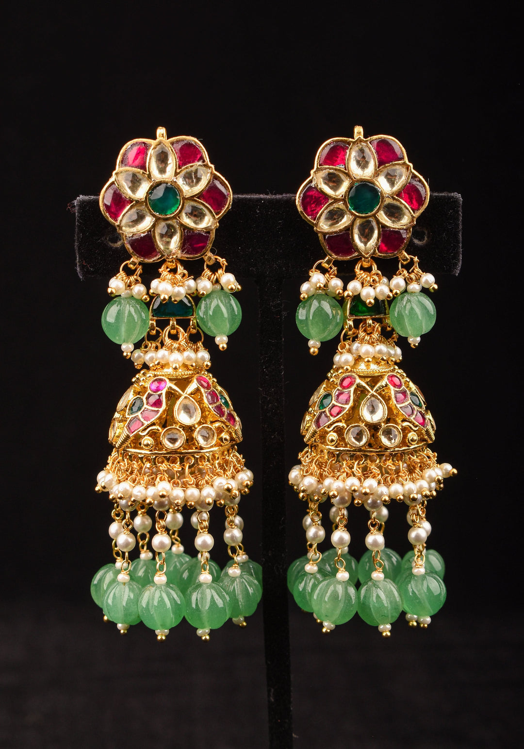 3" Tiered Jhumka earrings in antique gold embellished with Jadau stones