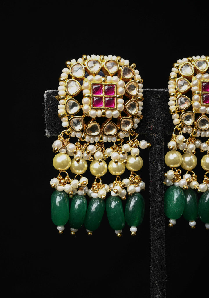 Jadau Style Earrings with Kundan, Kemp Stone, Pearls, and Green Beads