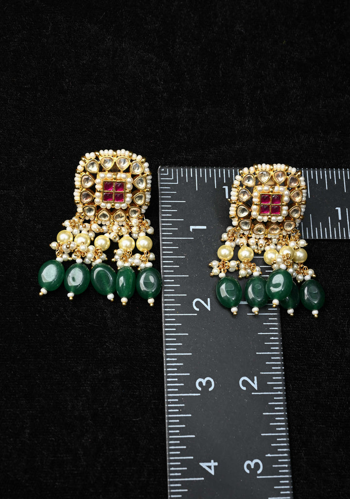 Jadau Style Earrings with Kundan, Kemp Stone, Pearls, and Green Beads