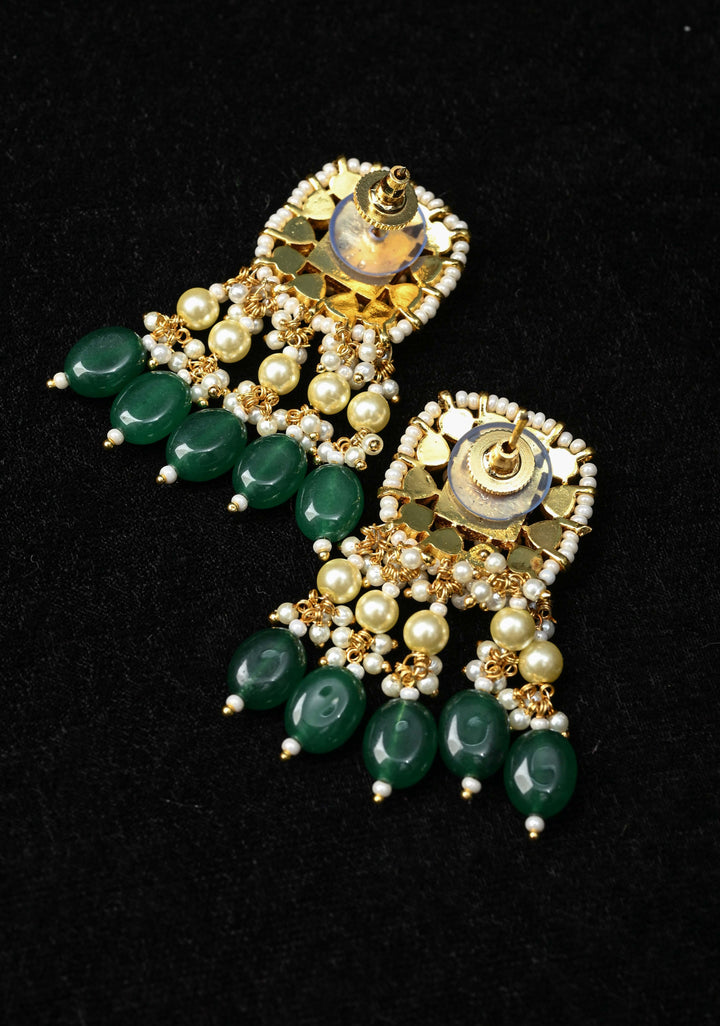 Jadau Style Earrings with Kundan, Kemp Stone, Pearls, and Green Beads