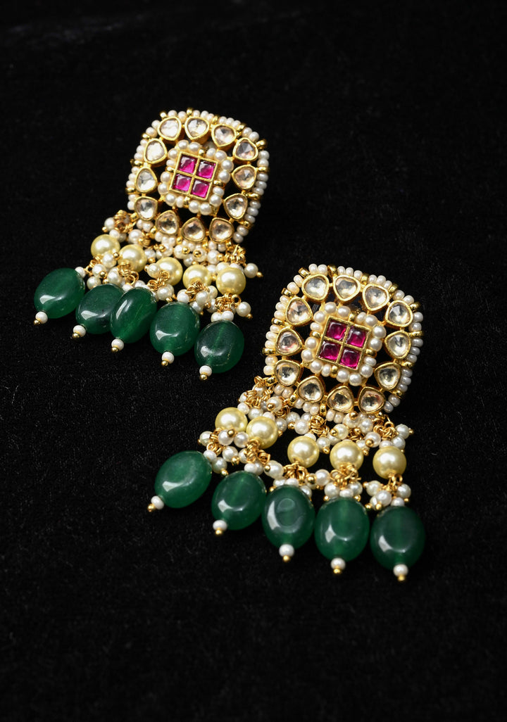 Jadau Style Earrings with Kundan, Kemp Stone, Pearls, and Green Beads