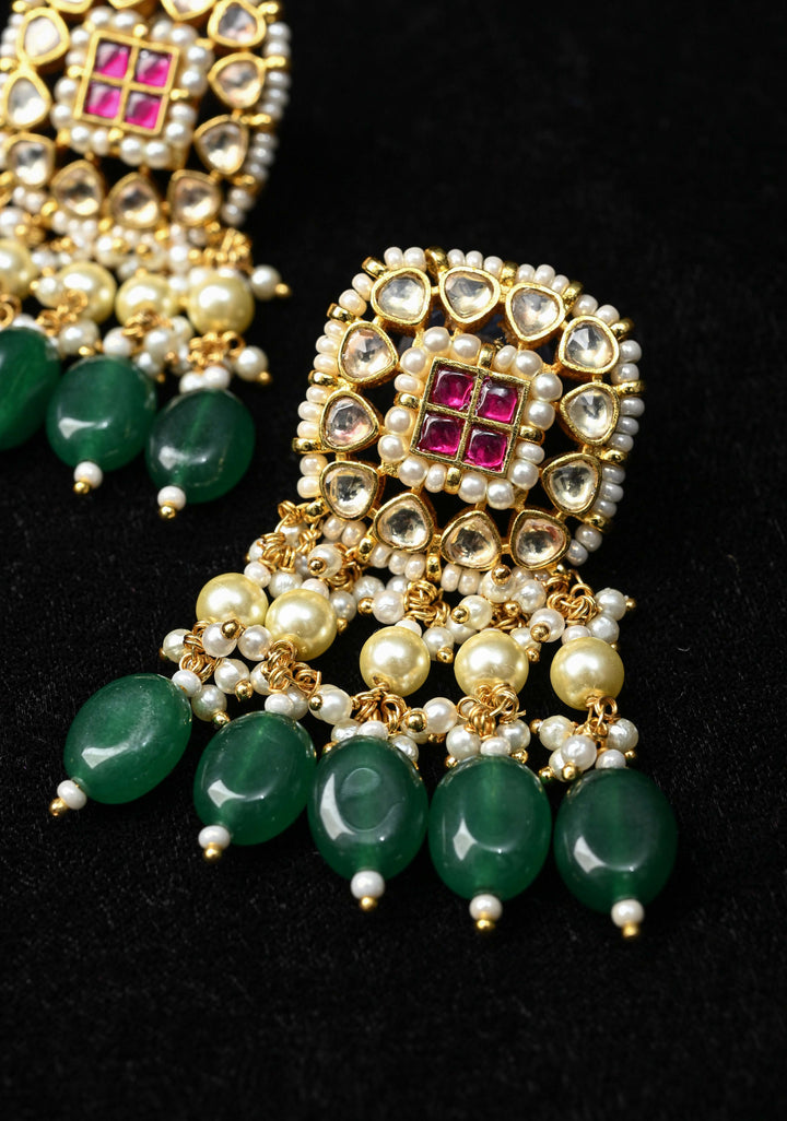 Jadau Style Earrings with Kundan, Kemp Stone, Pearls, and Green Beads