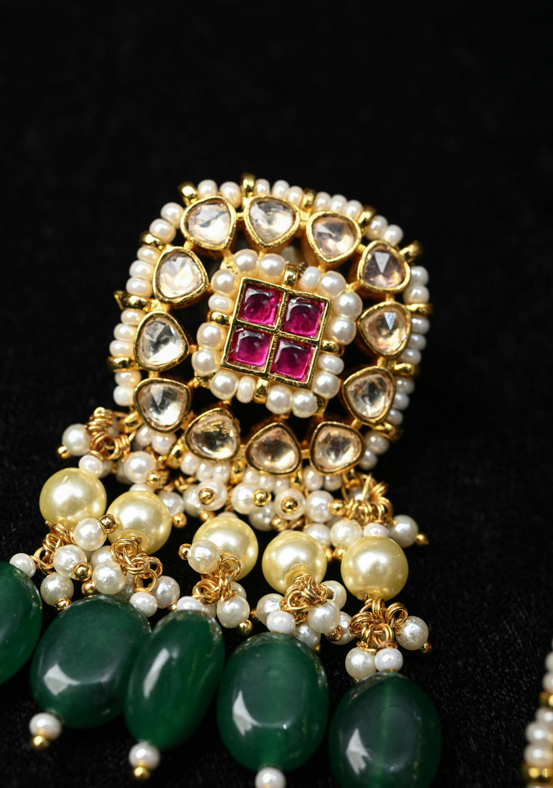 Jadau Style Earrings with Kundan, Kemp Stone, Pearls, and Green Beads