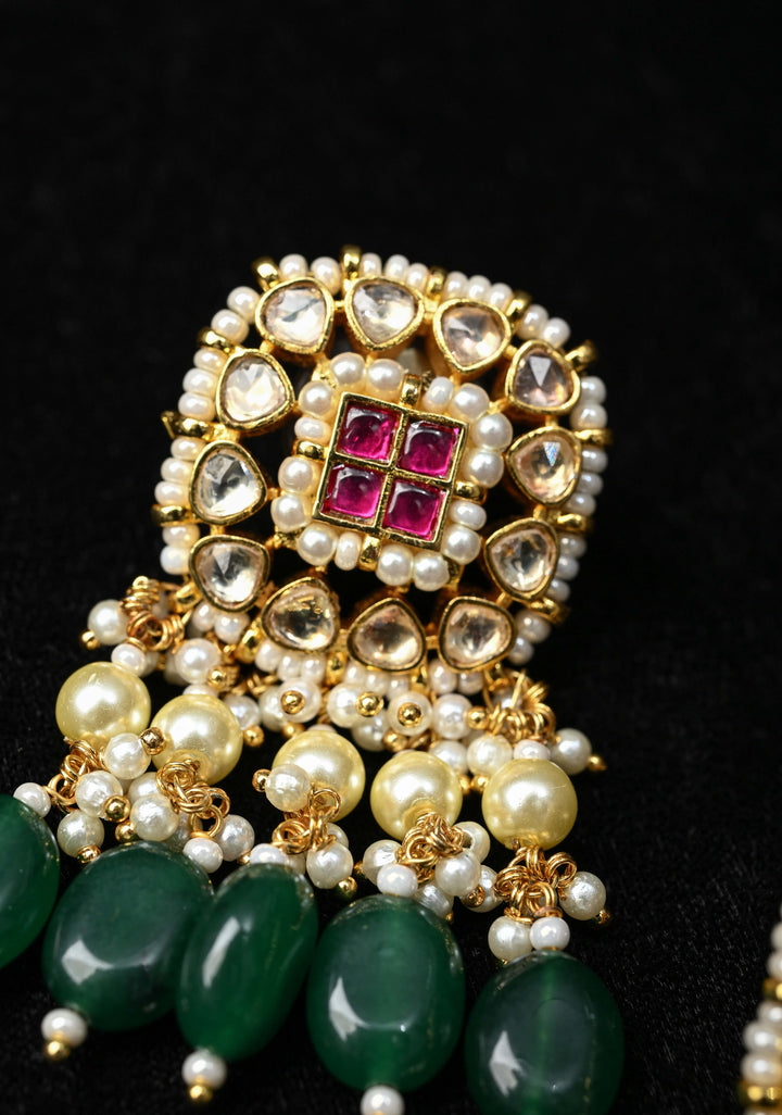 Jadau Style Earrings with Kundan, Kemp Stone, Pearls, and Green Beads