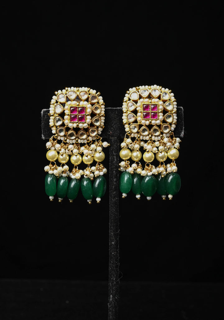 Jadau Style Earrings with Kundan, Kemp Stone, Pearls, and Green Beads