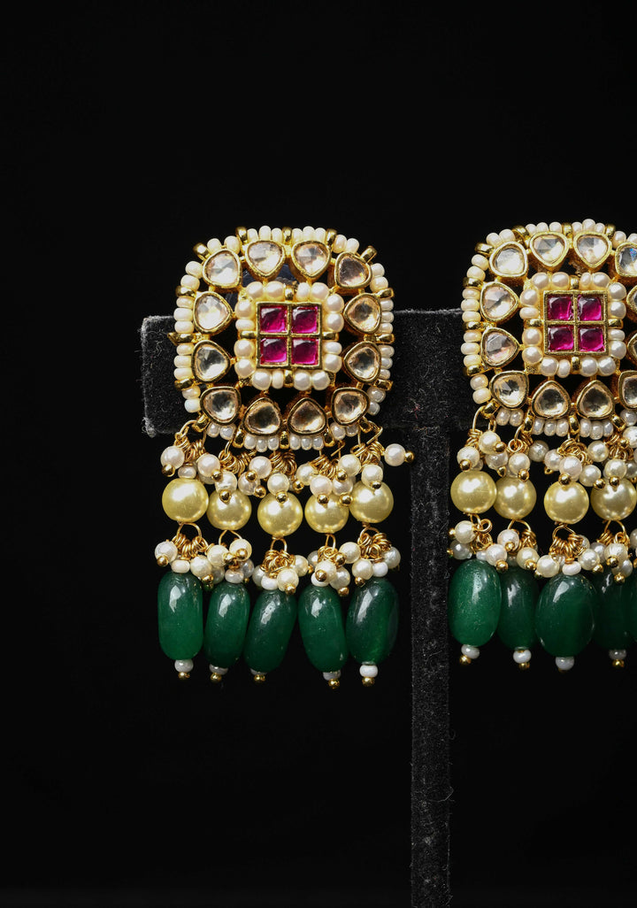 Jadau Style Earrings with Kundan, Kemp Stone, Pearls, and Green Beads