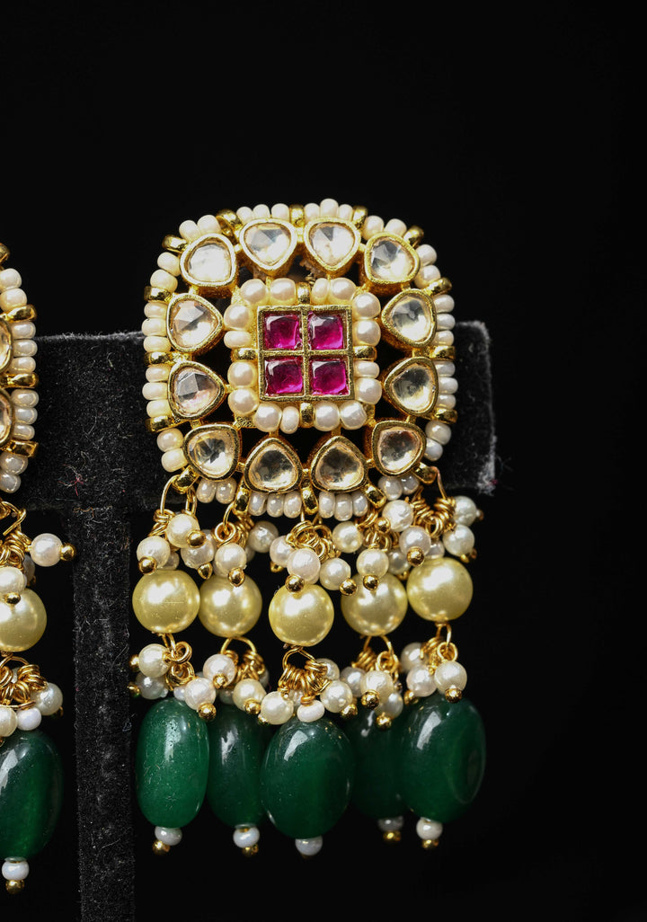 Jadau Style Earrings with Kundan, Kemp Stone, Pearls, and Green Beads