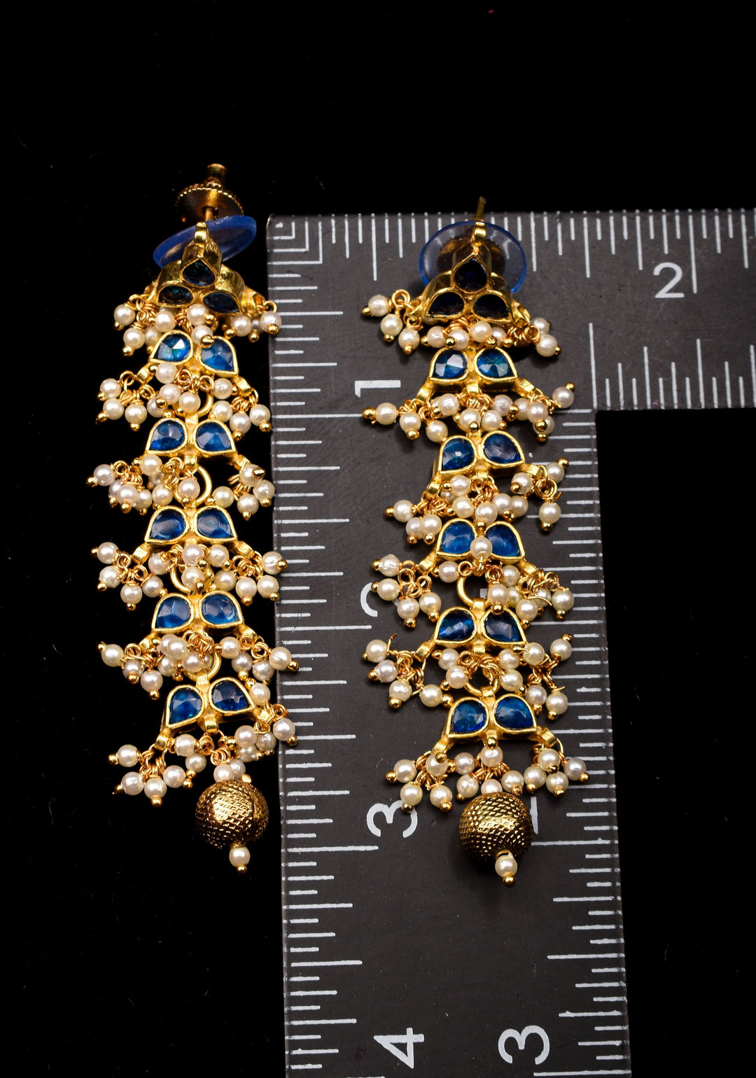3 Inch Jadau Earrings in Tiered Leaf design with Blue Stones and dainty Pearls beads