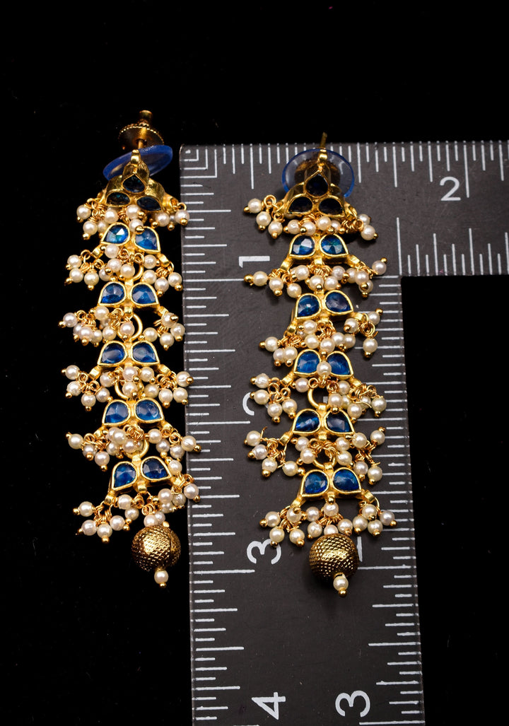 3 Inch Jadau Earrings in Tiered Leaf design with Blue Stones and dainty Pearls beads