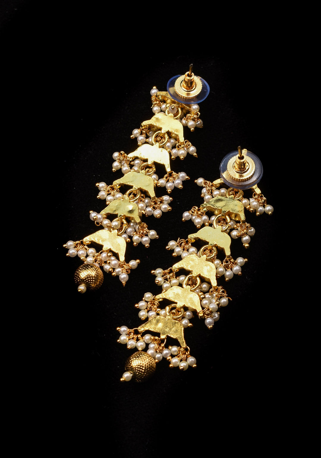 3 Inch Jadau Earrings in Tiered Leaf design with Blue Stones and dainty Pearls beads