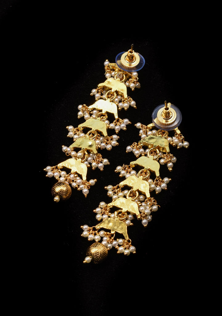 3 Inch Jadau Earrings in Tiered Leaf design with Blue Stones and dainty Pearls beads