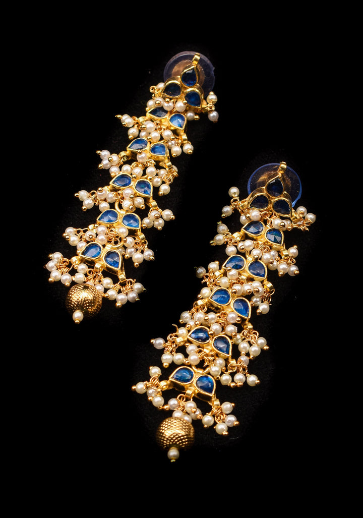 3 Inch Jadau Earrings in Tiered Leaf design with Blue Stones and dainty Pearls beads