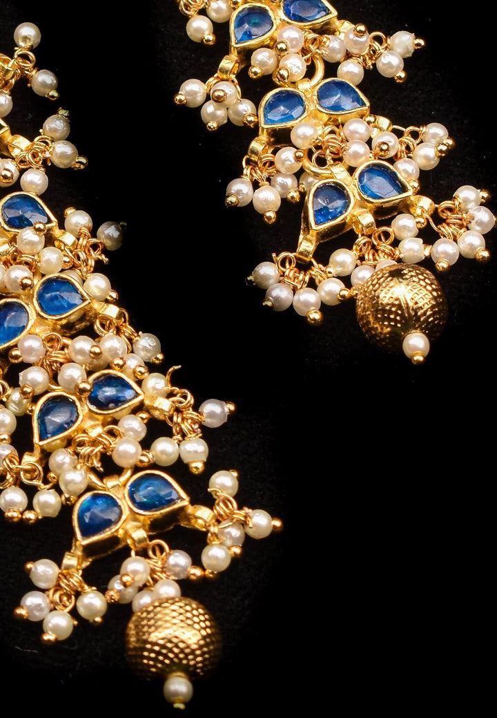 3 Inch Jadau Earrings in Tiered Leaf design with Blue Stones and dainty Pearls beads