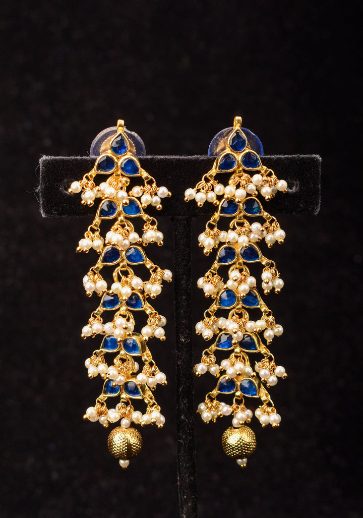 3 Inch Jadau Earrings in Tiered Leaf design with Blue Stones and dainty Pearls beads