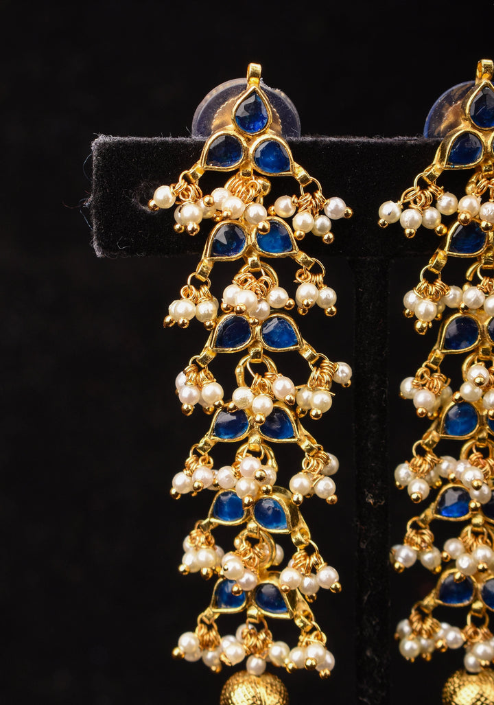 3 Inch Jadau Earrings in Tiered Leaf design with Blue Stones and dainty Pearls beads