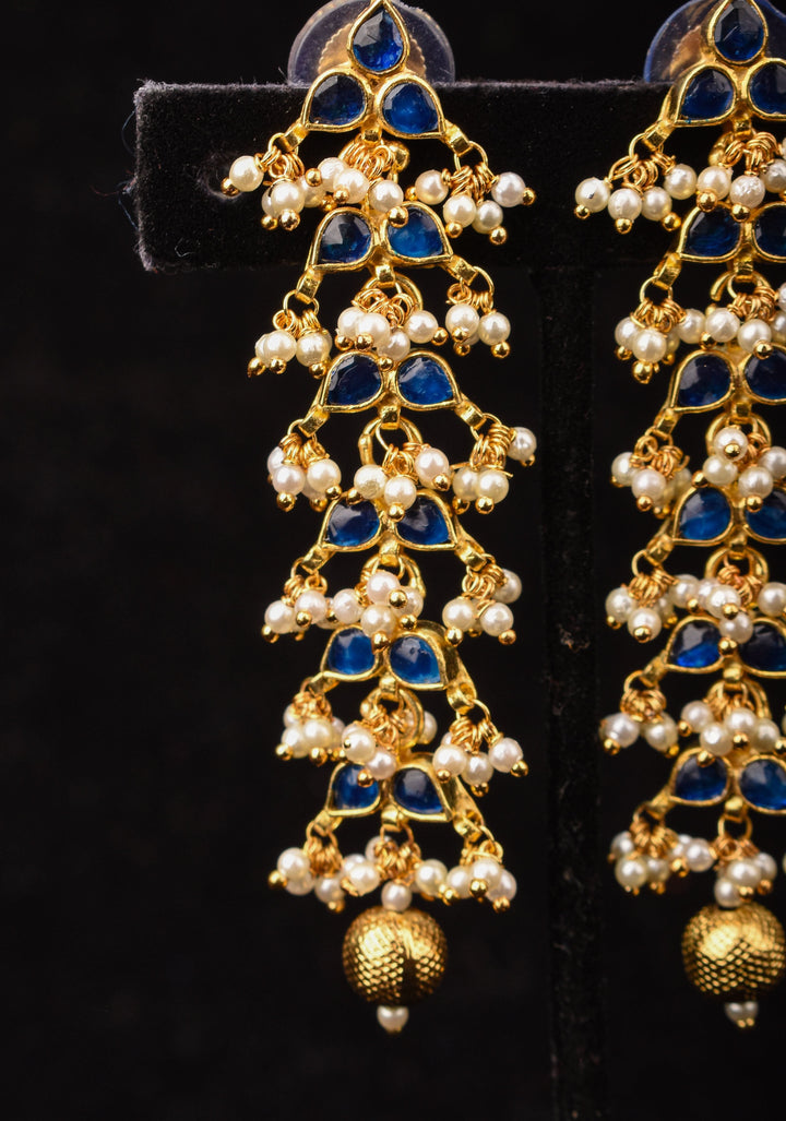 3 Inch Jadau Earrings in Tiered Leaf design with Blue Stones and dainty Pearls beads